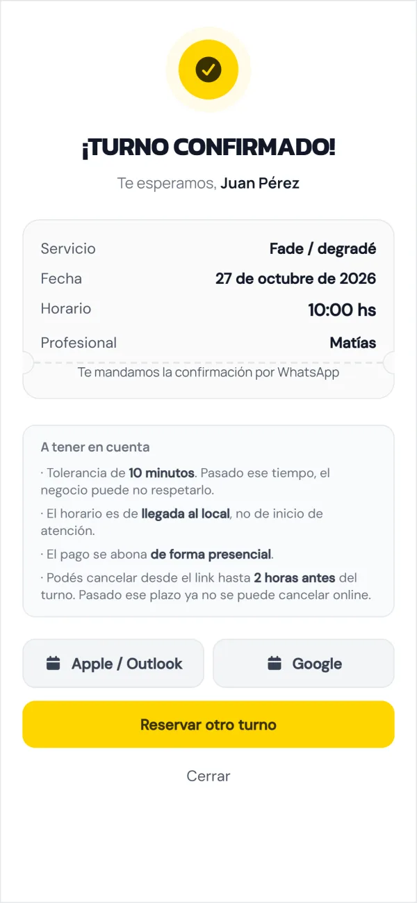 Página de reservas: turno confirmado
